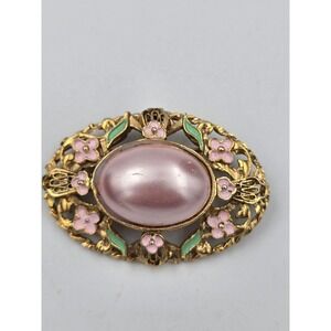 Vintage Ornate Gold Tone Pink Faux Pearl Enamel Flower Leaf Brooch Pin